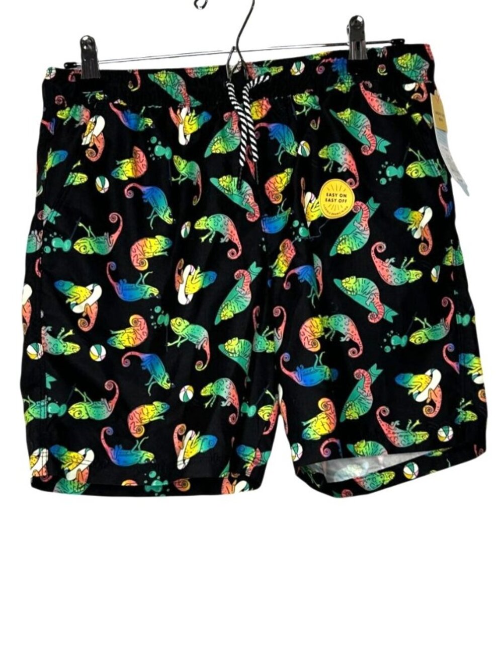 NWT Boys L 10/12 Husky Black Chameleon Print Swim Trunks UPF 50+ Above The Knee